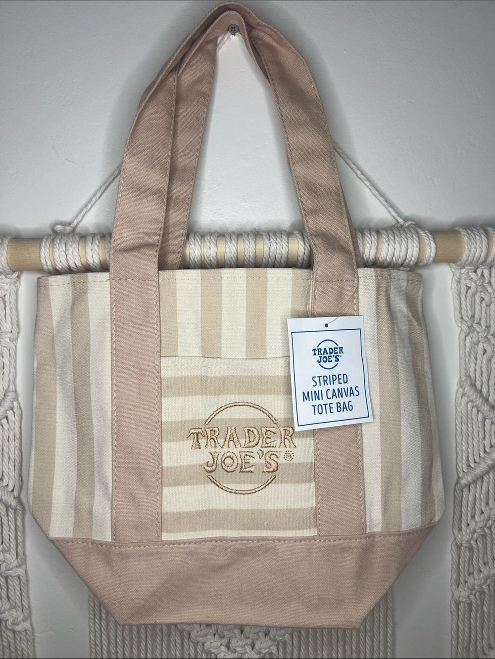 Trader Joe's Beige Striped Mini Canvas Tote Bag